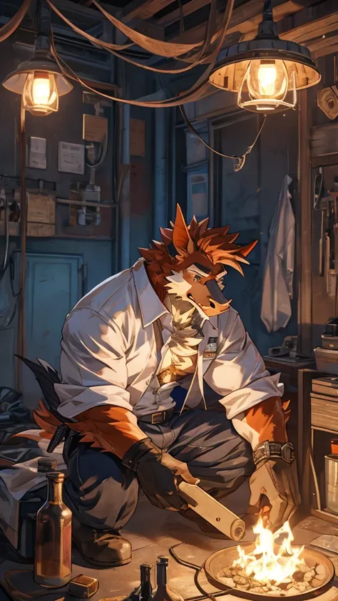 A male furry rooster is working as a repair technician, his chest is bare, his entire body can be seen