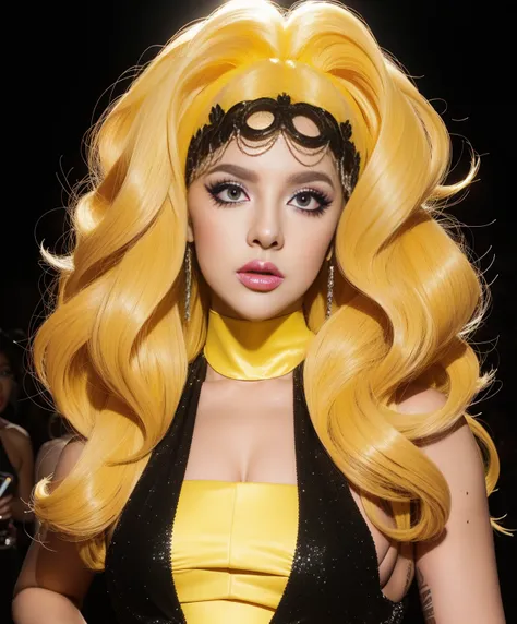 lady gaga fashion makeup closeup drag queen face giant fabulous yellow wig backlight hyper detailed head portrait black outfit