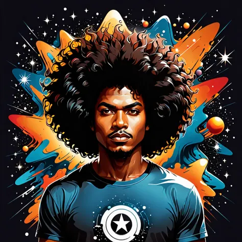 vector t-shirt art design, centered, a brown skin man with a huge black power afro hair mixed in the cosmos galaxy, afrofuturism...