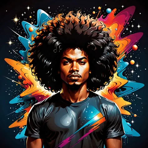 vector t-shirt art design, centered, a brown skin man with a huge black power afro hair mixed in the cosmos galaxy, afrofuturism...