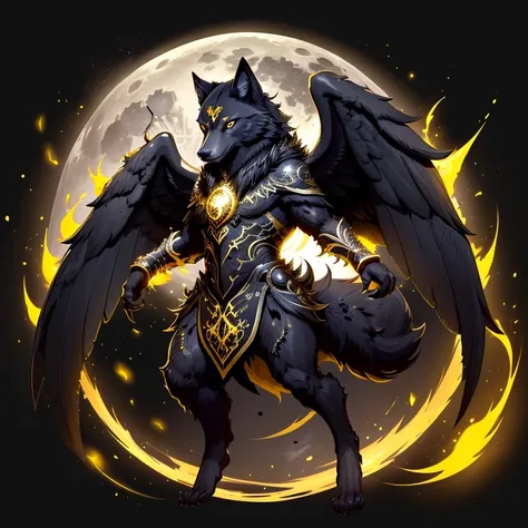 (1 wolf) full body, a yellow eyed black wolf, a winged four ears black wolf with light halos, black feathers, black wings, yello...