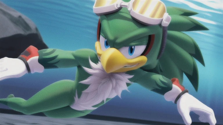 jetthehawk, furry male anthro, bird boy, solo, (best quality), (detailed fluffy feathers:1.1), goggles, muscular, grin, red speedos, swimming underwater, underwater background, 3D Render, colourful, (beautiful), (masterpiece), cinematic CGI screenshot