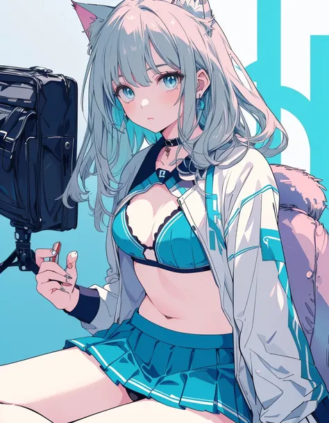 Baseball Uniform, bikini, skirt, baseball ground, ((masterpiece, best quality:1.5)), ((Beautiful detailed cat aqua eyes:1.2)), cat ears, pale skin, small breasts, beautiful hands, beautiful fingers, EasyNegative