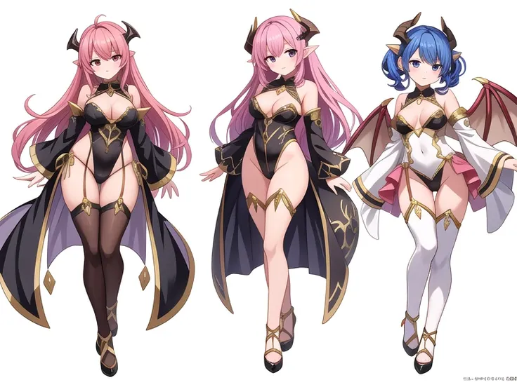 masterpiece, best quality, 3 girls,  variety of hairstyles, high fantasy costume, ((white background)), full body, multiple views, leotard, succubus, dragon horn, detached sleeves,