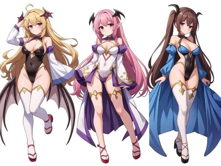 masterpiece, best quality, 3 girls,  variety of hairstyles, high fantasy costume, ((white background)), full body, multiple views, leotard, succubus, dragon horn, detached sleeves,