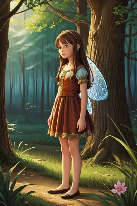 Illustration for a fairy tale about a girl, standing in the forest, who can talk to animals