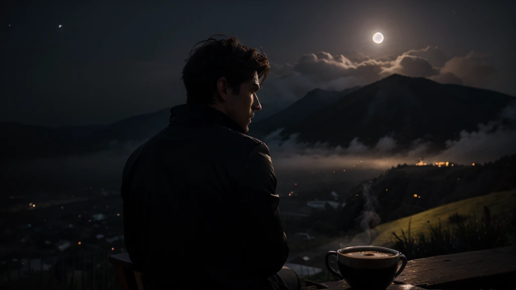 Generate an image of a man sitting with his back to the camera, looking at a nighttime landscape illuminated by moonlight and shrouded in mist, accompanied by a steaming cup of coffee