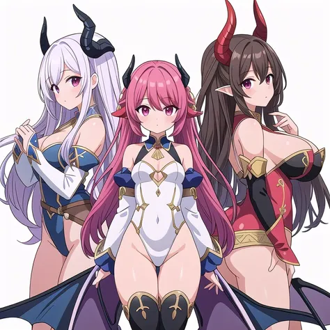 masterpiece, best quality, 3 girls,  variety of hairstyles, high fantasy costume, ((white background)), full body, multiple views, leotard, succubus, dragon horn, detached sleeves,