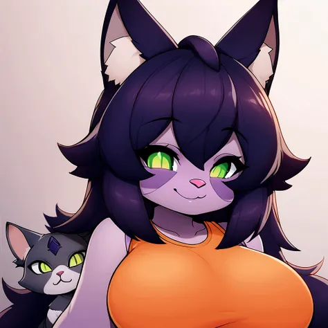 sfw, furry, art, anthro cat, green eyes, smiling face, big nose, long purple hair, fluffy ears, dressed, orange t-shirt, big breasts