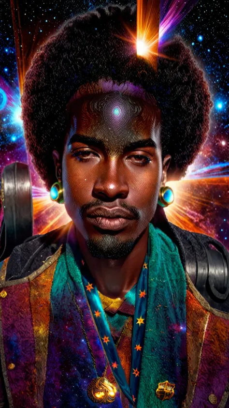 centered, a brown skin man with a huge black power afro hair mixed in the cosmos galaxy, afrofuturism, cosmic, afrofuturism fash...