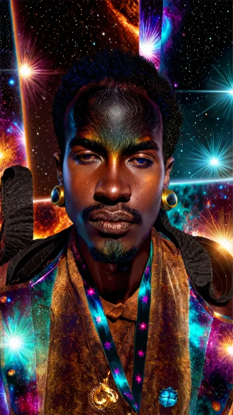 centered, a brown skin man with a huge black power afro hair mixed in the cosmos galaxy, afrofuturism, cosmic, afrofuturism fash...