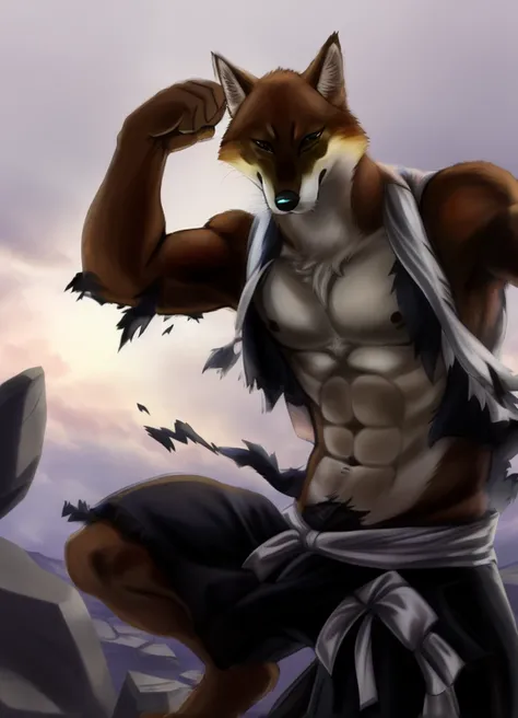 sajin, solo, mature male, skinny, angry,fighting,destroyed rock,(soft shading), 4k, hi res, ((detailed face, (detailed eyes:1.0), detailed)), (full body), looking at viewer, 1boy, upper body, male focus, shirtless,torn clothes, abs, bare pectorals, fightin...