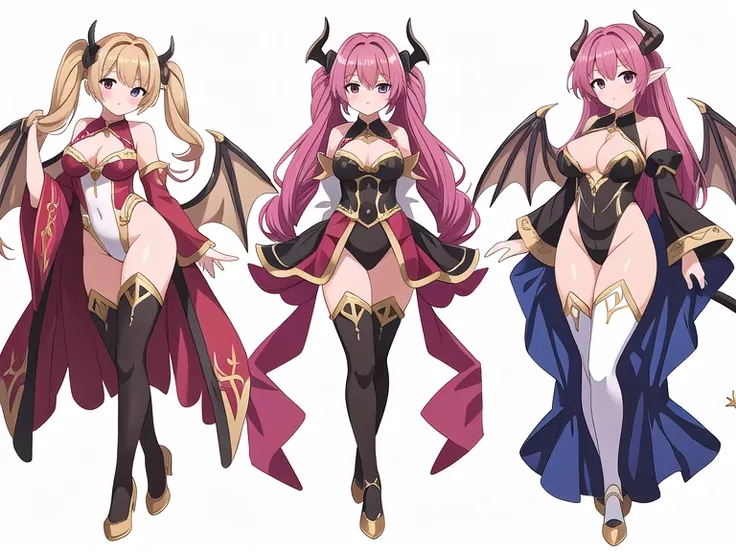 masterpiece, best quality, 3 girls,  variety of hairstyles, high fantasy costume, ((white background)), full body, multiple views, leotard, succubus, dragon horn, detached sleeves,