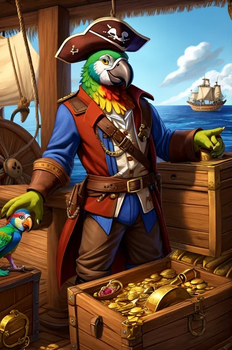 A colorful parrot with a pirate hat and a hook for a paw. He has a treasure map wrapped around his beak and an eye patch..
picture details: Pirate ship at sea, with a treasure chest next to the parrot. He&#39;s up on the mast, gazing at the horizon.