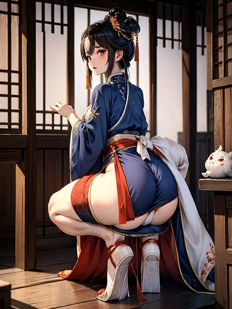 Yama Girl，Chinese underworld style，Chinese ghost style，black与红色与青蓝色，Spooky style，black，大butt女孩，Girl crouching，butt，大butt，Lift up the skirt，Hanfu，Hanfu，Chinese style，butt对着镜头，展示butt