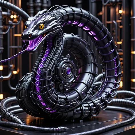 A high-resolution image of a mechanical snake, intricately designed and powered by a glowing purple nuclear core. Its body is made of matte black metal segments, connected seamlessly. The snake is interlaced with wires, cables, and pipes running along its ...