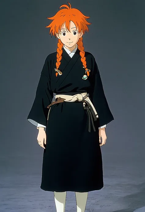 A Ghiblis studio character. With messy orange hair and dark large clothes. Her belt is made of bones and her hearings too