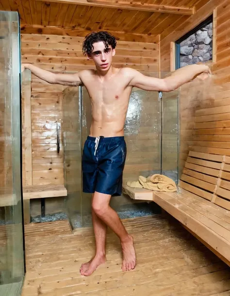 Timothée Chalamet, sweaty teen boy, in water, in finnish sauna, no clothing, far from camera, whole body, braces, age 19, wavy tiktok hair, boxer, bare feet, wearing no t-shirt topless, finnish sauna mountain, short fine armpit hair, flexing, veiny arms, c...