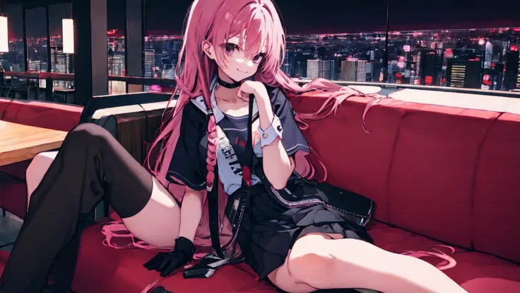 a girl，solo，Long pink hair，gentle，Smile，Medium-hair long，dishiveredhair，short sleeves，short sleeves game clothes，black skirt，black gloves，cyberpunk characters,night, night city background，Digital punk, anime style 4k, Sitting on the sofa，indoors，In the res...