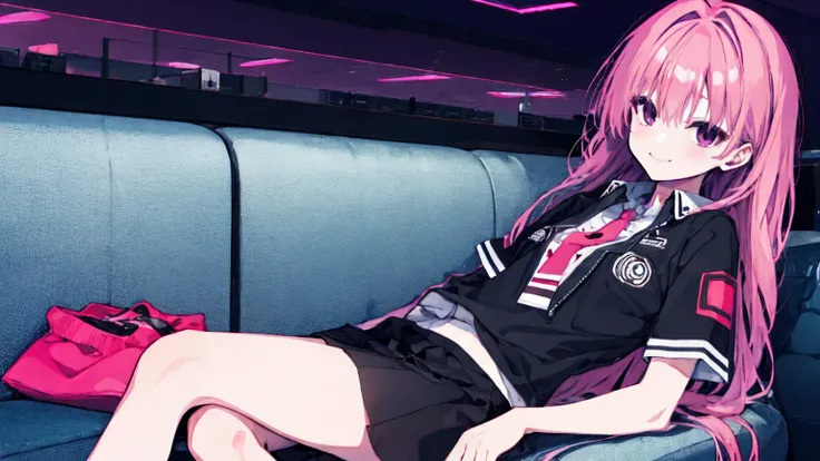 a girl，solo，Long pink hair，gentle，Smile，Medium-hair long，dishiveredhair，short sleeves，short sleeves game clothes，black skirt，black gloves，cyberpunk characters,night, night city background，Digital punk, anime style 4k, Sitting on the sofa，indoors，In the res...