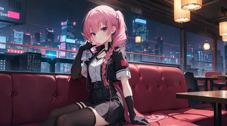 a girl，solo，Long pink hair，gentle，Smile，Medium-hair long，dishiveredhair，short sleeves，short sleeves game clothes，black skirt，black gloves，cyberpunk characters,night, night city background，Digital punk, anime style 4k, Sitting on the sofa，indoors，In the res...