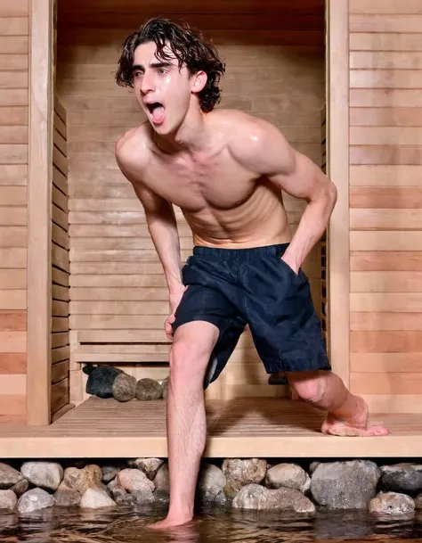 Timothée Chalamet, sweaty teen boy, in water, in sakura sauna, no clothing, far from camera, whole body, braces, age 19, wavy tiktok hair, boxer, bare feet, wearing no t-shirt topless, sakura garden sauna mountain, short fine armpit hair, flexing, veiny ar...