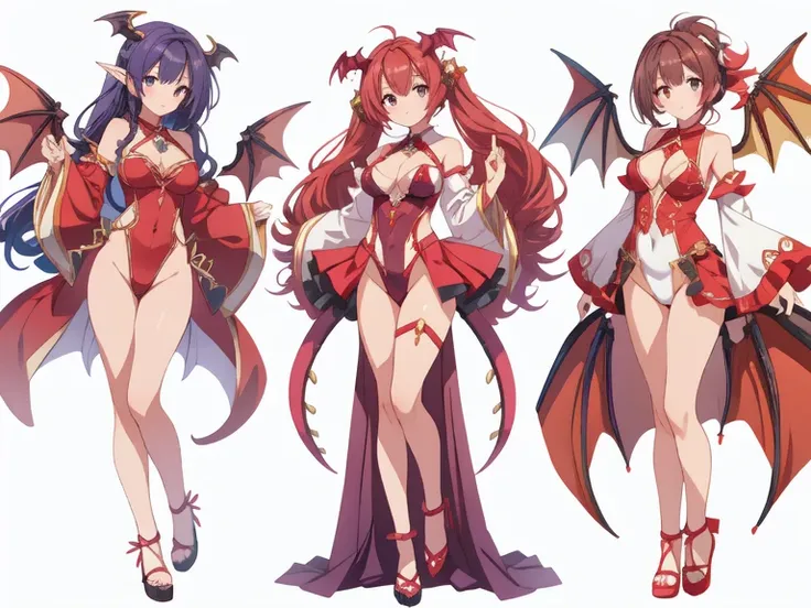 masterpiece, best quality, 3 girls,  variety of hairstyles, variety of fashions, high fantasy costume, ((white background)), full body, multiple views, leotard, succubus, dragon horn, detached sleeves,