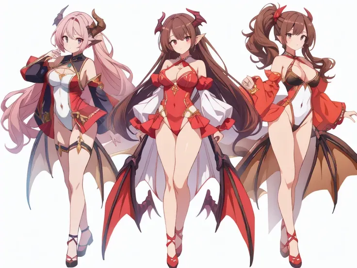 masterpiece, best quality, 3 girls,  variety of hairstyles, variety of fashions, high fantasy costume, ((white background)), full body, multiple views, leotard, succubus, dragon horn, detached sleeves,