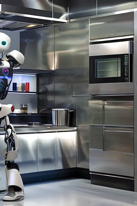 a robot with a chef&#39;s apron and a chef&#39;s hat. he has several kitchen tools built into his arms and is holding a tray of ...