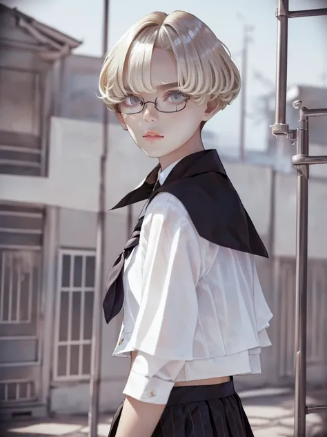 1girl, elegant bearing, small, slender build, short height, pale skin dotted by light freckles, short and straight platinum blonde hair, (((layered hair))), (((jagged hair))), (((close-cropped hair))), (((hazel irises))), silver glasses, cute facial featur...