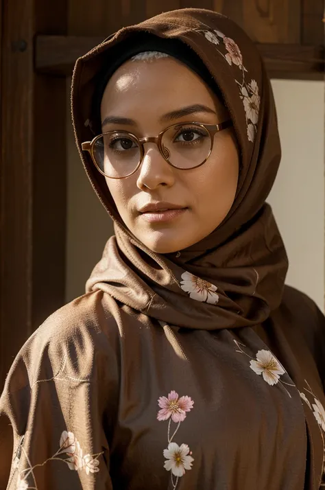 woman wearing a hijab with a floral motif, wearing glasses, wearing a brown robe