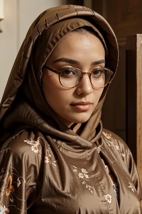 beautiful woman wearing a hijab with a floral motif, wearing glasses, wearing a brown robe