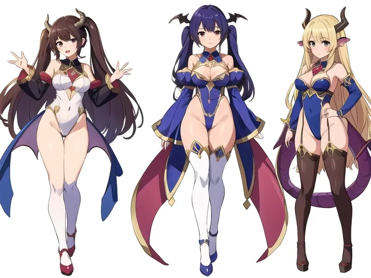 masterpiece, best quality, 3 girls,  variety of hairstyles, high fantasy costume, ((white background)), full body, multiple views, leotard, succubus, dragon horn, detached sleeves,