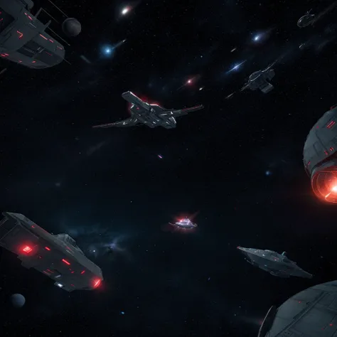 an abandoned space frigate floating in space. a red light is shown, another small ship is in the foreground observeing