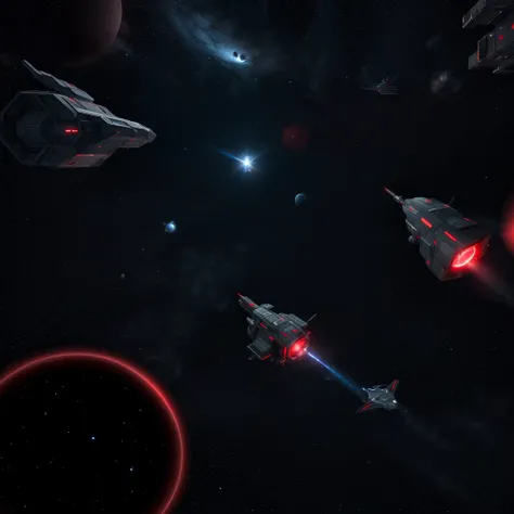 an abandoned space frigate floating in space. a red light is shown, another small ship is in the foreground observeing