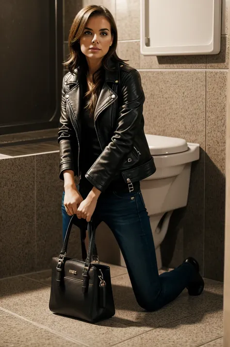 Girl with leather jacket Michael Kors bag kneeling at dirty toilet 