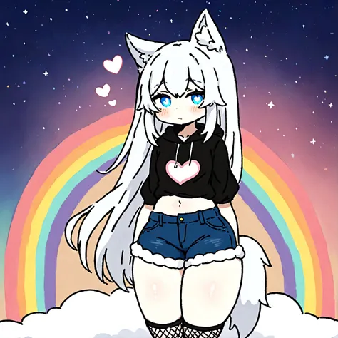 a cute adult male with wolf ears, long white hair, long locks, has a wolf tail, wearing a loose cropped black hoodie, wearing a pair of denim short shorts and fishnet stockings, thick thighs, wide hips, relaxing on mound of fluffy multi colored kawaii plus...