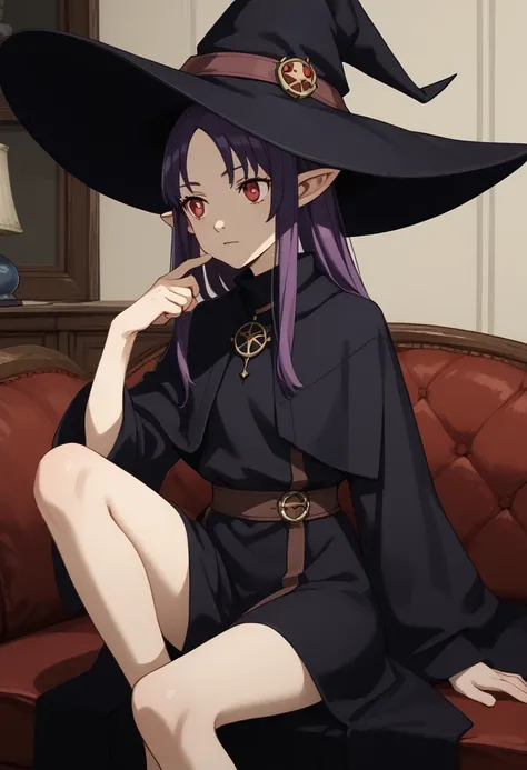 anime girl long purple hair wearing a black Robe. she has pointy ears. Witch Hat. Manga kawaii. iridescent ,An illustration, Sit on the sofa, (no background)