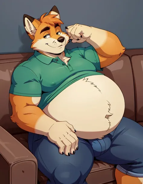 A male chubby anthropomorphic fox with a big belly, wearing a polo shirt and tight jeans, sitting on a couch 