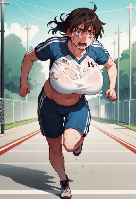 Anime girl, wearing track uniform, sweating and crying, as her gigantic breast and belly distract her from running, other runners pass her