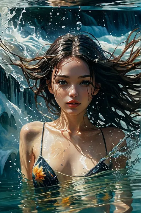 stunning realistic picture, masterpiece, high detail, small touches, positive and joyful tones, use natural color, chic (nude:0.7) Girl in the water, angle of half a girl in waist-deep water, that part of the body that is visible in the water, the water is...