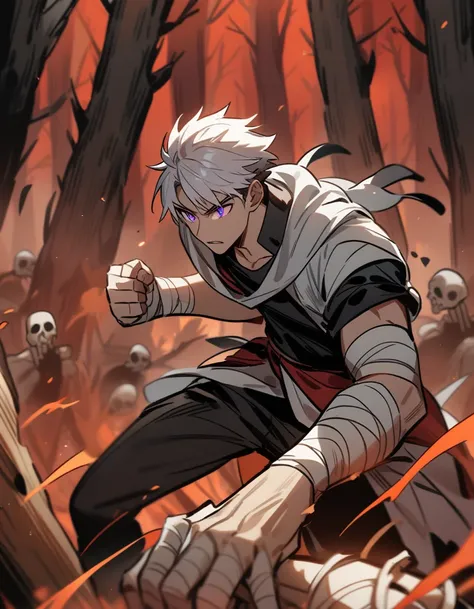 Greek boy with white hair, violet eyes, with bandaged fists, destroying a skeleton with one punch in a red forest with dead trees