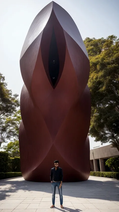 there is a man standing on a sidewalk in front of a large sculpture, candid picture, very artistic pose, full body photogenic shot, taken with sony alpha 9, with accurate face, with a cool pose, candid photo, stylish pose, full body photgraph, jayison deva...