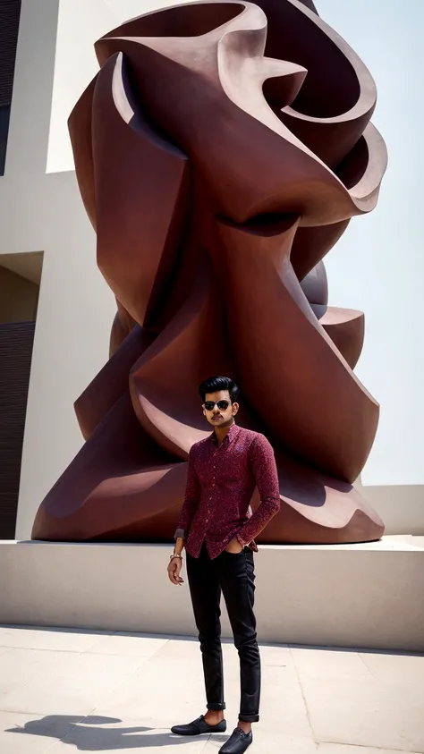 there is a man standing on a sidewalk in front of a large sculpture, candid picture, very artistic pose, full body photogenic shot, taken with sony alpha 9, with accurate face, with a cool pose, candid photo, stylish pose, full body photgraph, jayison deva...