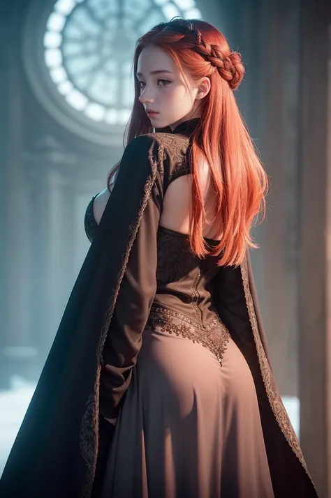 (masterpiece, best quality, cinematic, photorealistic, ultra-detailed), (1girl, Sophie Turner as Sansa Stark:1.2), (wide shot, full body view, from behind:1.5), (wearing Northern Attire, a dark fur-lined cloak over a grey dress with intricate embroidery:1....