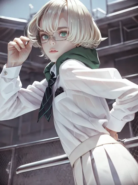 1girl, elegant bearing, small, slender build, short height, pale skin dotted by light freckles, short platinum blonde hair, (((spikey hair))), (((boyish hair))), (((dark green eyes))), silver glasses, cute facial features with an underlying elegance, thin ...