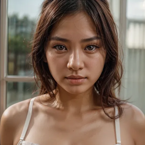 cute asian girl, innocent look, 18 years old girl, professional photo of a  women (wearing sexy lingerie:1.2),( focus on face, shallow focus:1.2), head and shoulders portrait, 4k, natural lighting, film grain