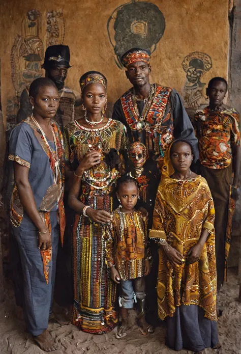 Photography in (stvmccrr style), an african family, dia des muertes, cultural portrait, emotive humane photography, analog film, film grain, kodachrome, intricate details, insanely detailed, natural lighting, 8k, hdr, masterpiece, award winning photography