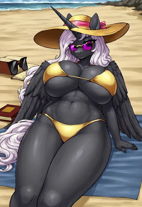  Alicorn , white mane, ,black fur color  long flowing  mane pink  eyes anthro huge breasts beach, sun hat,sunglasses ,bikini,reading book,laying on towel on sand busty