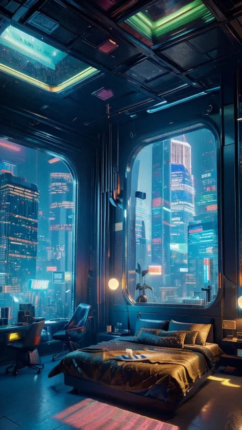 ((masterpiece)), (ultra-detailed), (intricate details), (high resolution CGI artwork 8k), Create an image of a retro futuristic cyberpunk bedroom. One of the walls should feature a big window with a busy, colorful, and detailed cyberpunk cityscape. Futuris...